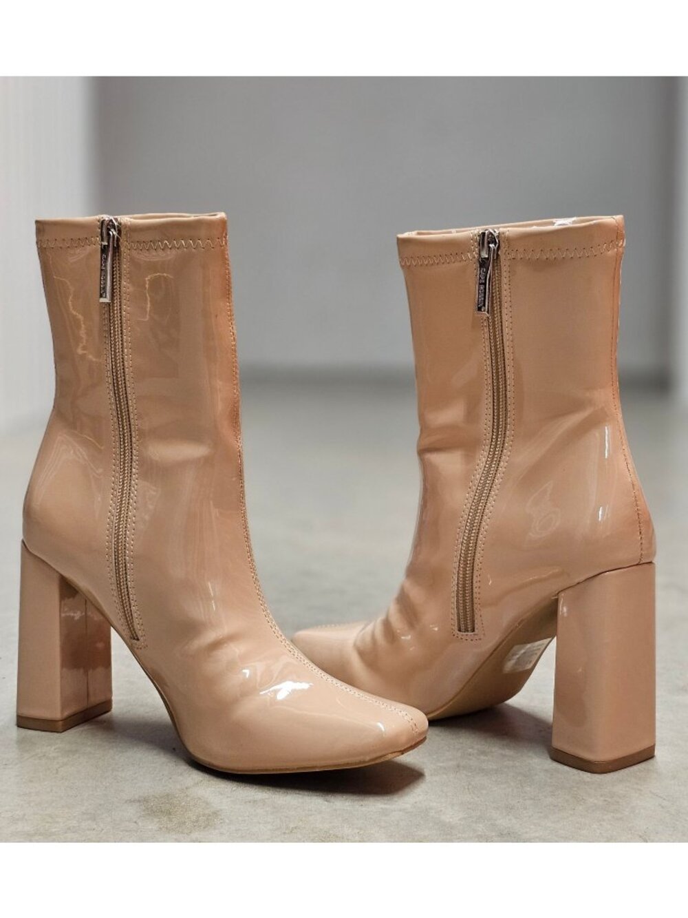 Nude Patent Leather Block Heel Ankle Boots With Side Zipper Closure For Women